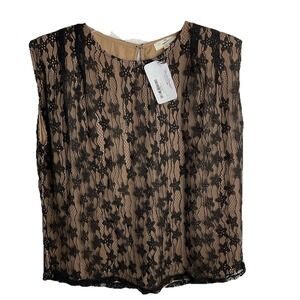 Entro‎ NWT Women's Cap Sleeve Size Medium Black Lace Over Taupe Blouse